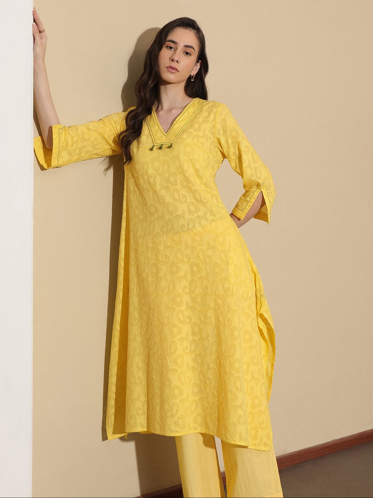 Jacquard Woven V-Neck Kurta Set - Yellow