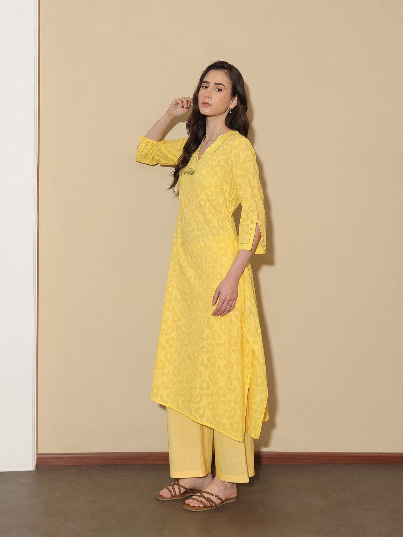 Jacquard Woven V-Neck Kurta Set - Yellow