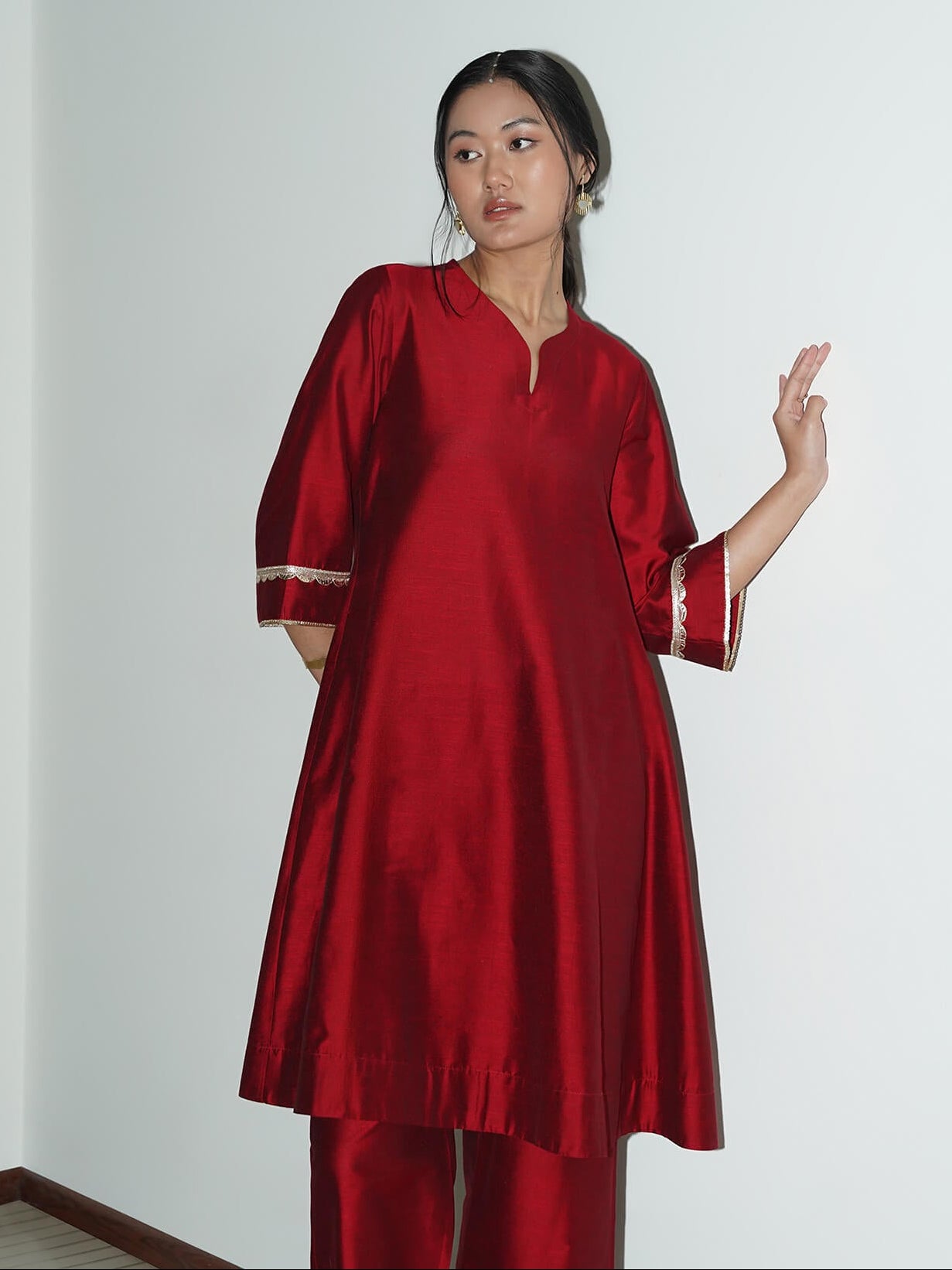 Viscose Solid A-Line Kurta Set - Red