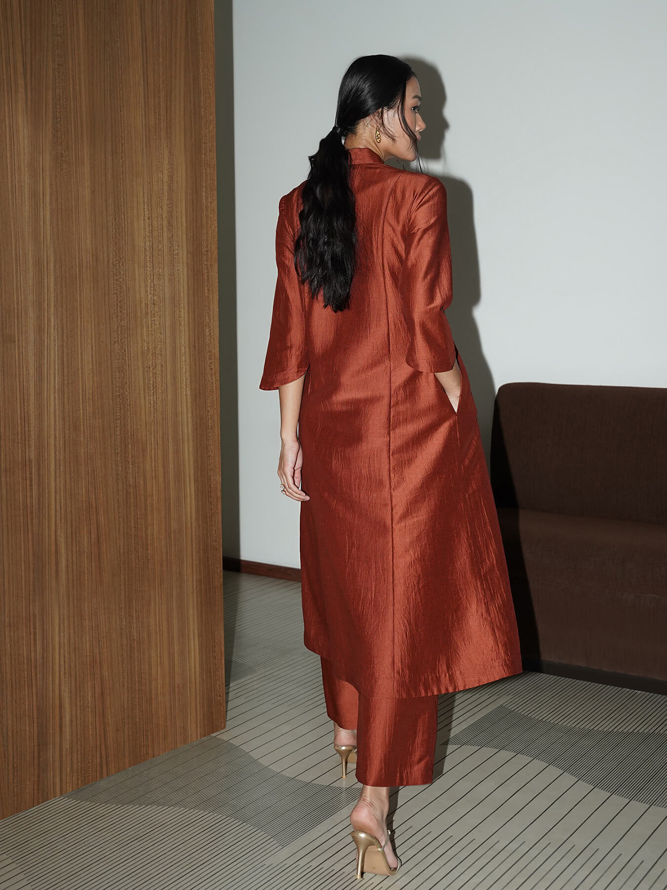 Silk Blend Solid A-Line Kurta Set - Rust