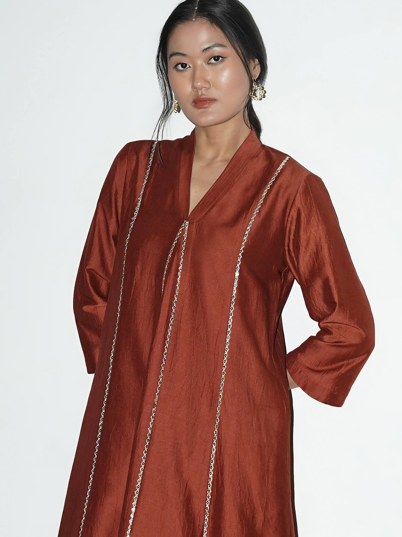 Silk Blend Solid A-Line Kurta Set - Rust