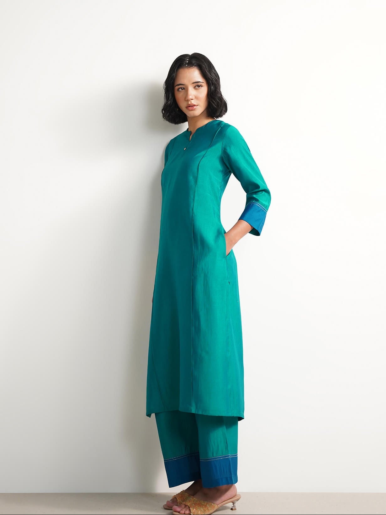 Viscose Colourblock Straight Kurta Set - Teal