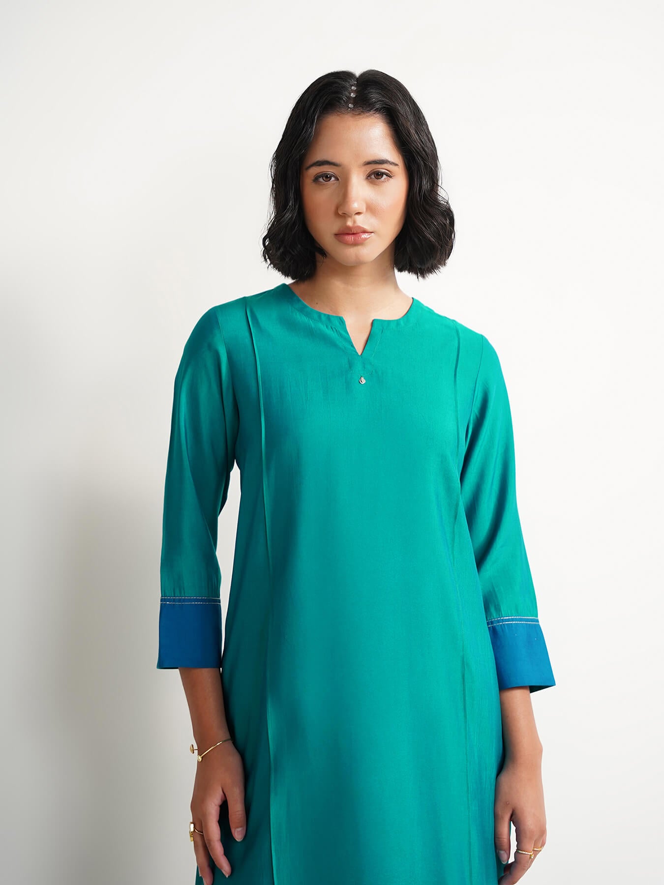 Viscose Colourblock Straight Kurta Set - Teal