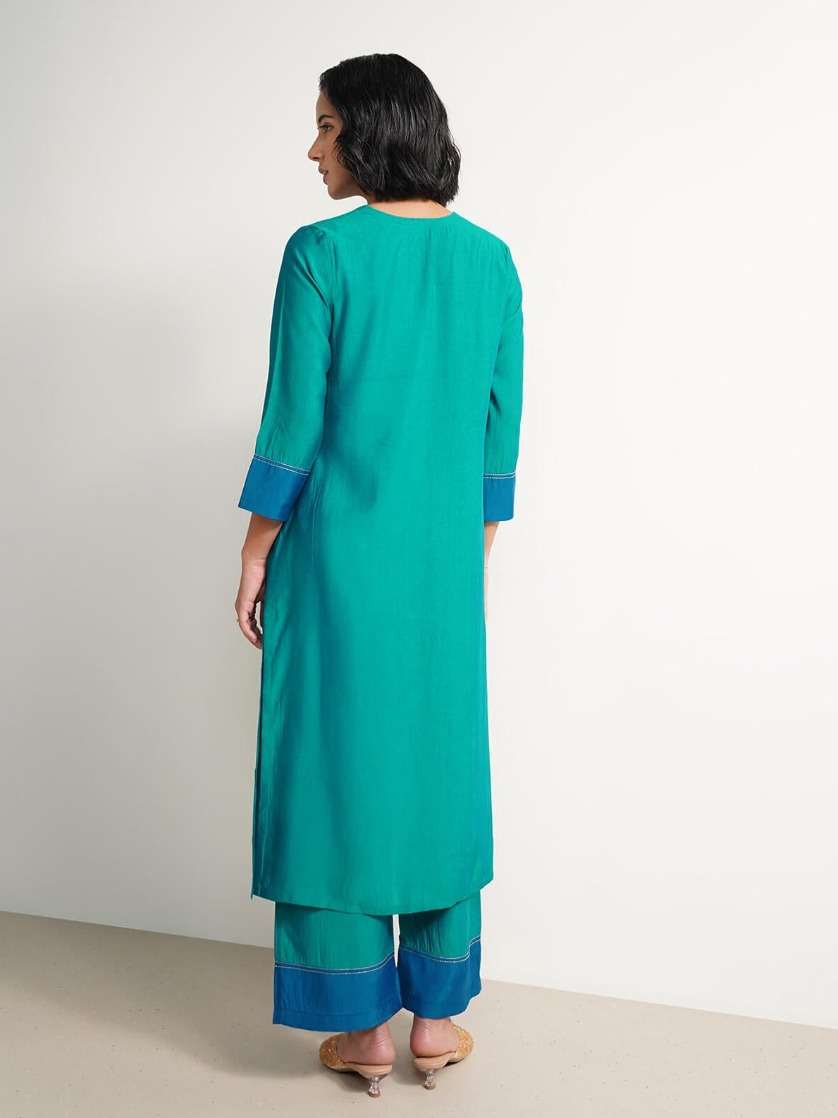 Viscose Colourblock Straight Kurta Set - Teal
