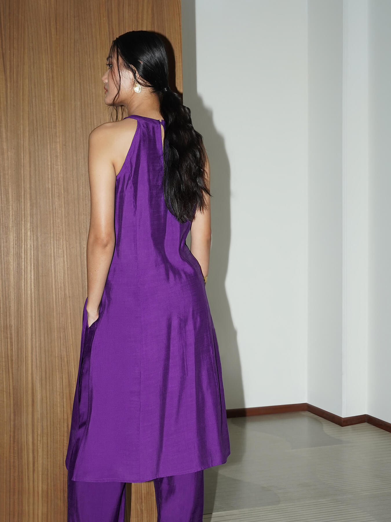 Viscose Solid Halter Neck Kurta Set - Purple