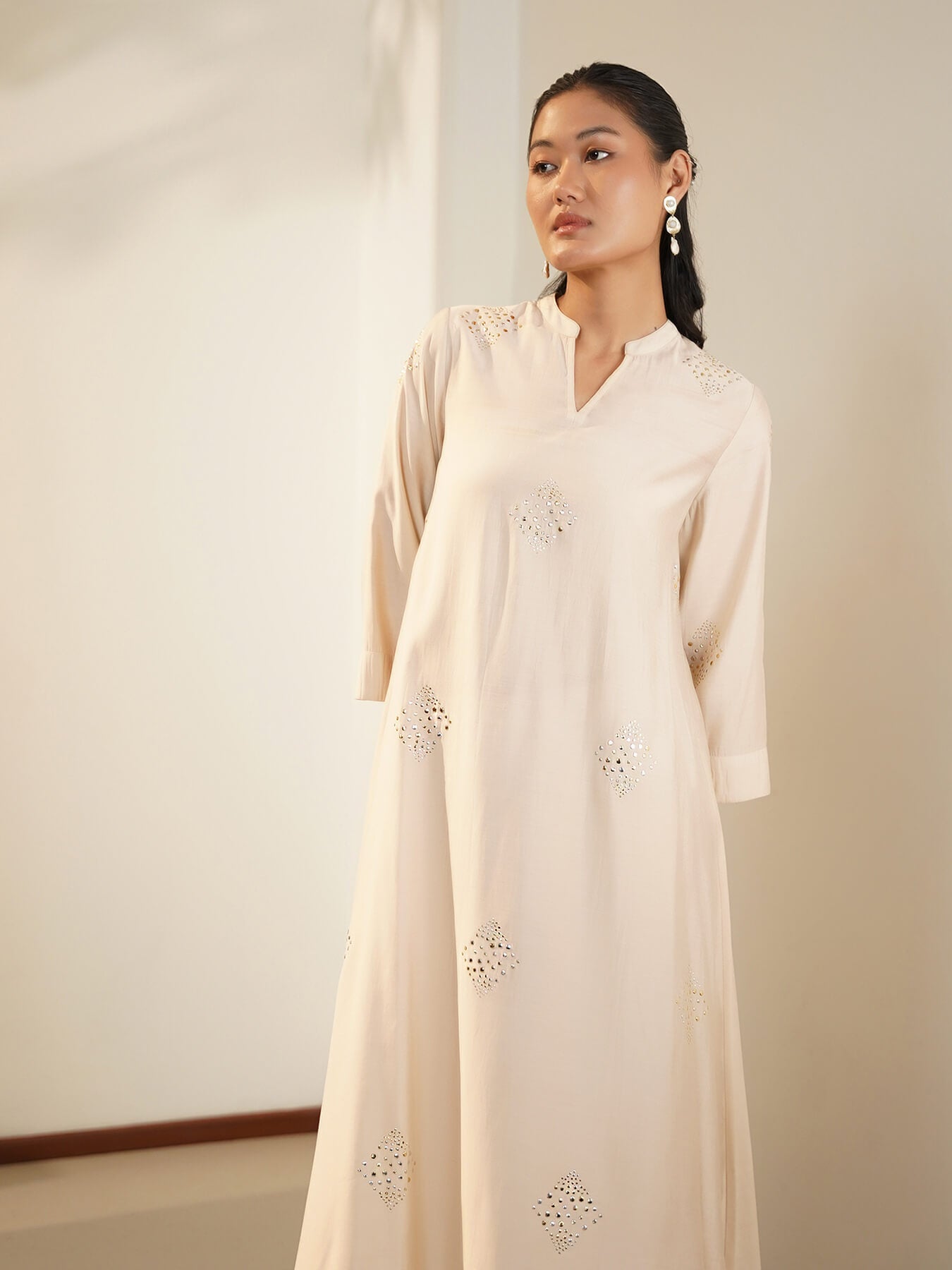 Silk Blend Solid V-Neck Kurta Set - Beige