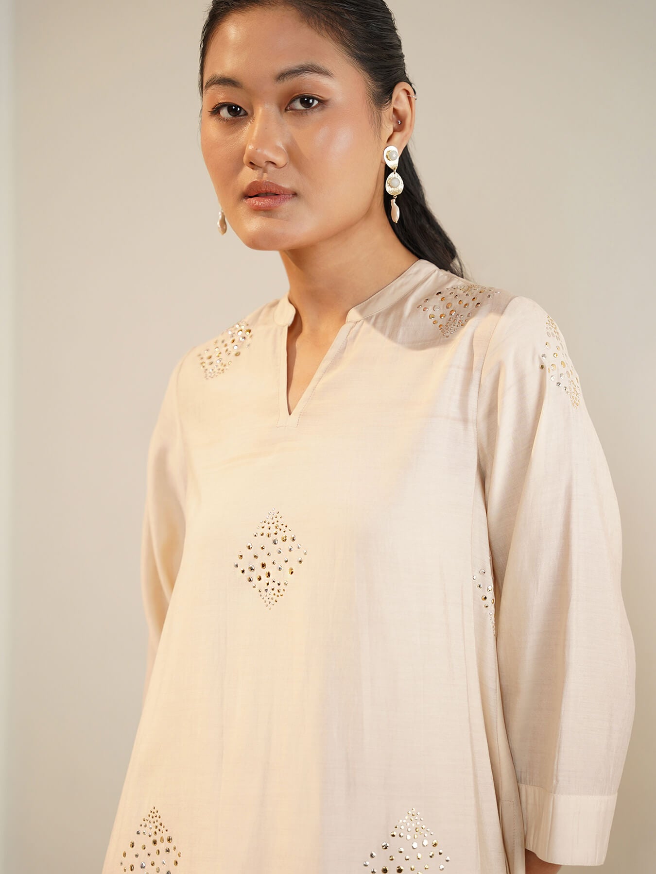 Silk Blend Solid V-Neck Kurta Set - Beige