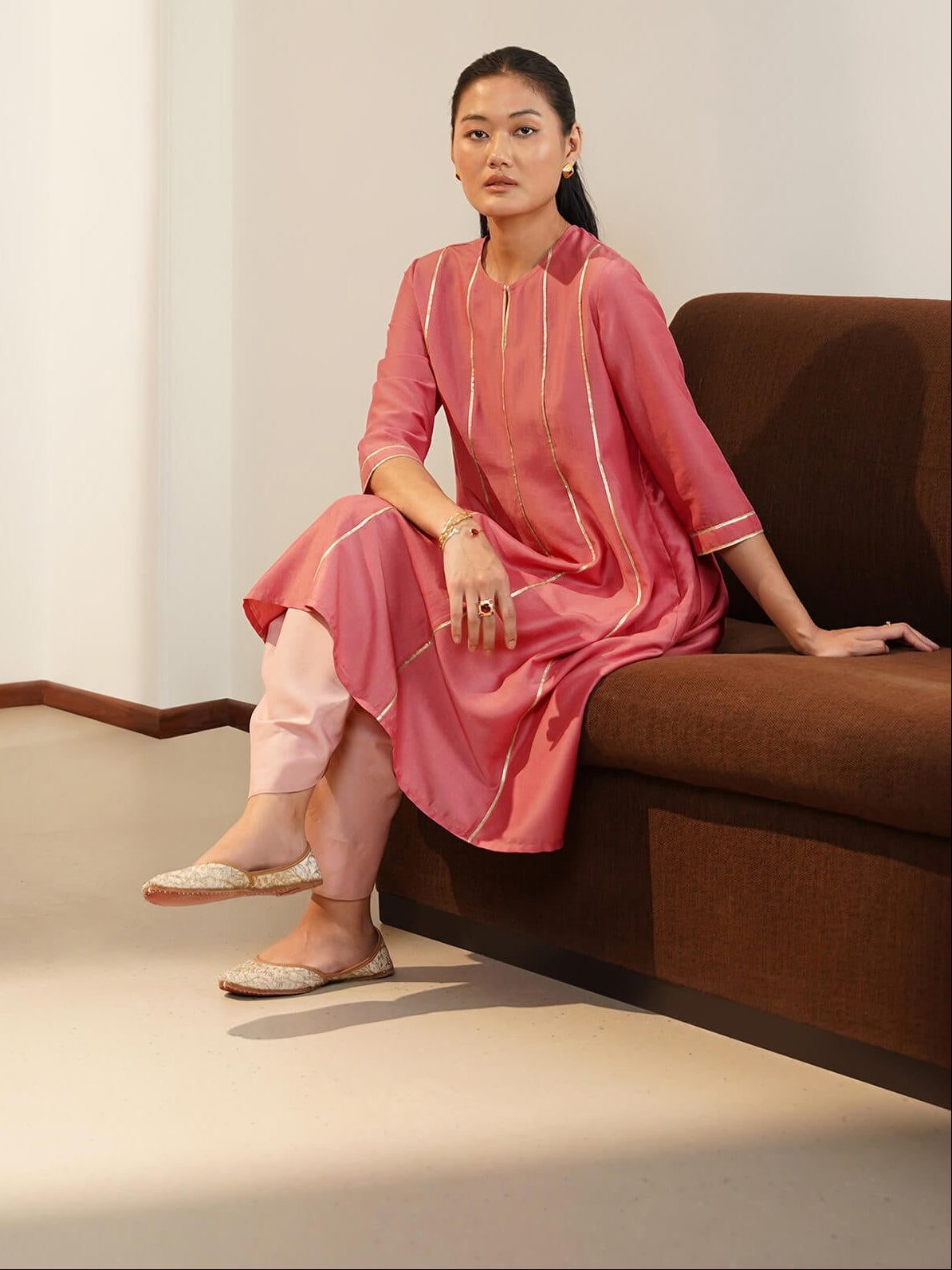 Silk Blend Soild Kurta with Dhoti Pants - Pink