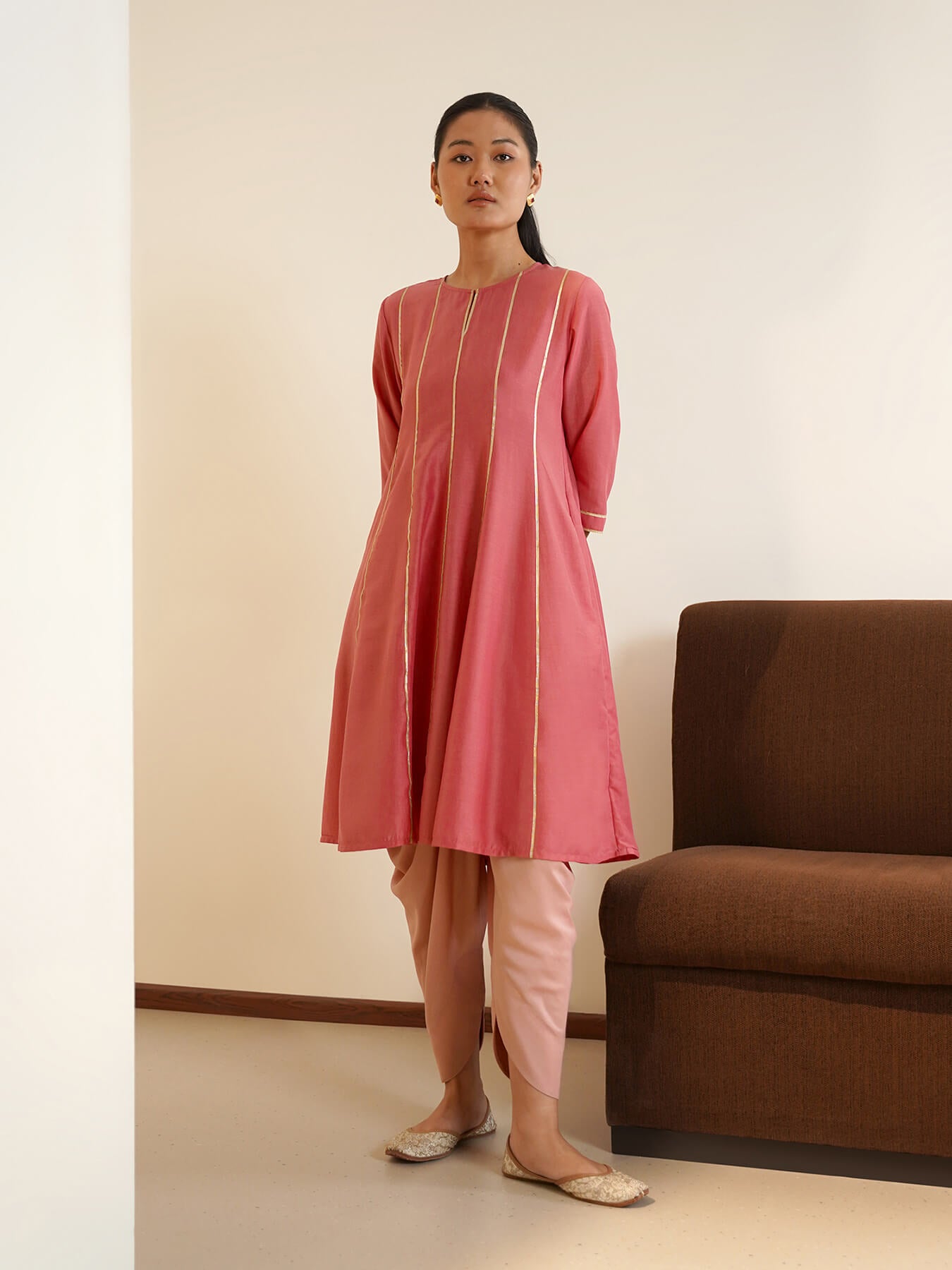 Silk Blend Soild Kurta with Dhoti Pants - Pink