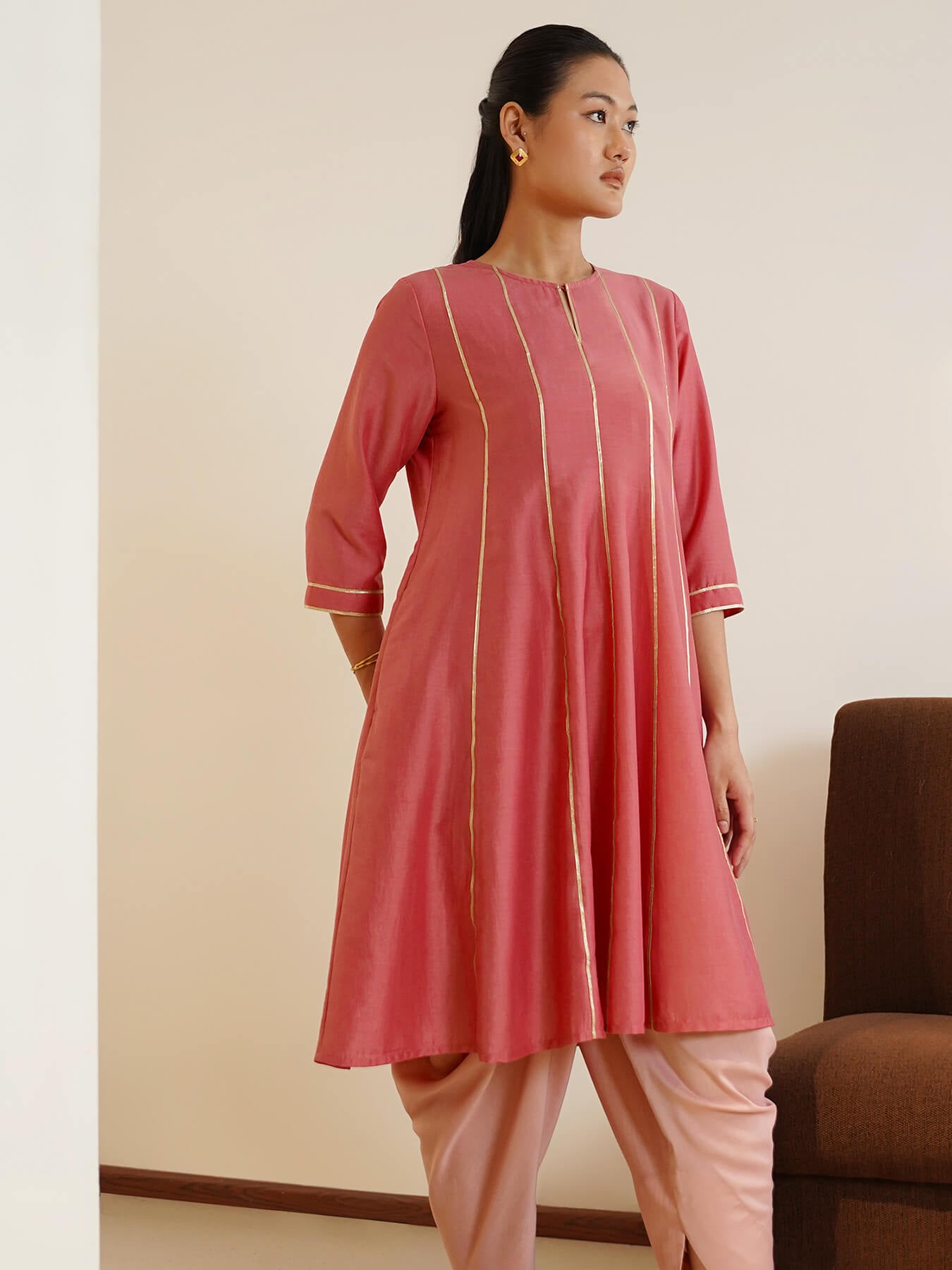 Silk Blend Soild Kurta with Dhoti Pants - Pink