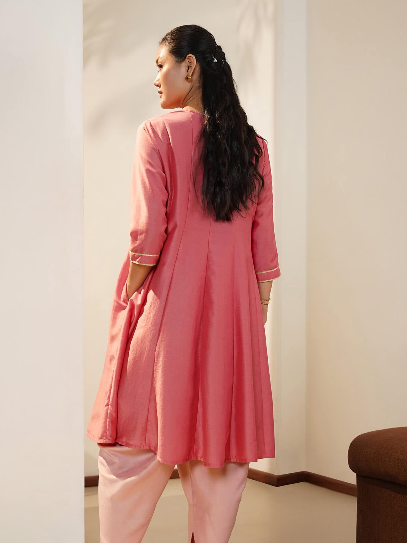 Silk Blend Soild Kurta with Dhoti Pants - Pink