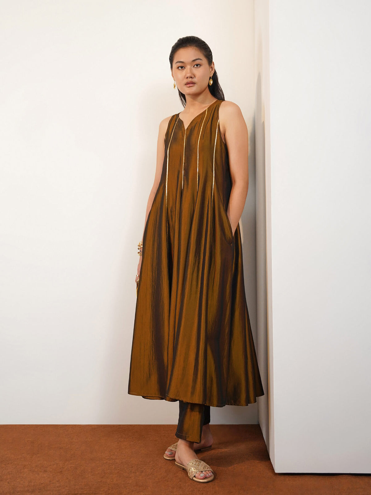 Viscose Silk Solid A-Line Kurta Set - Olive
