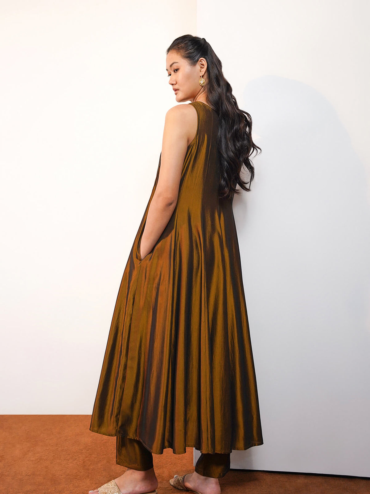 Viscose Silk Solid A-Line Kurta Set - Olive