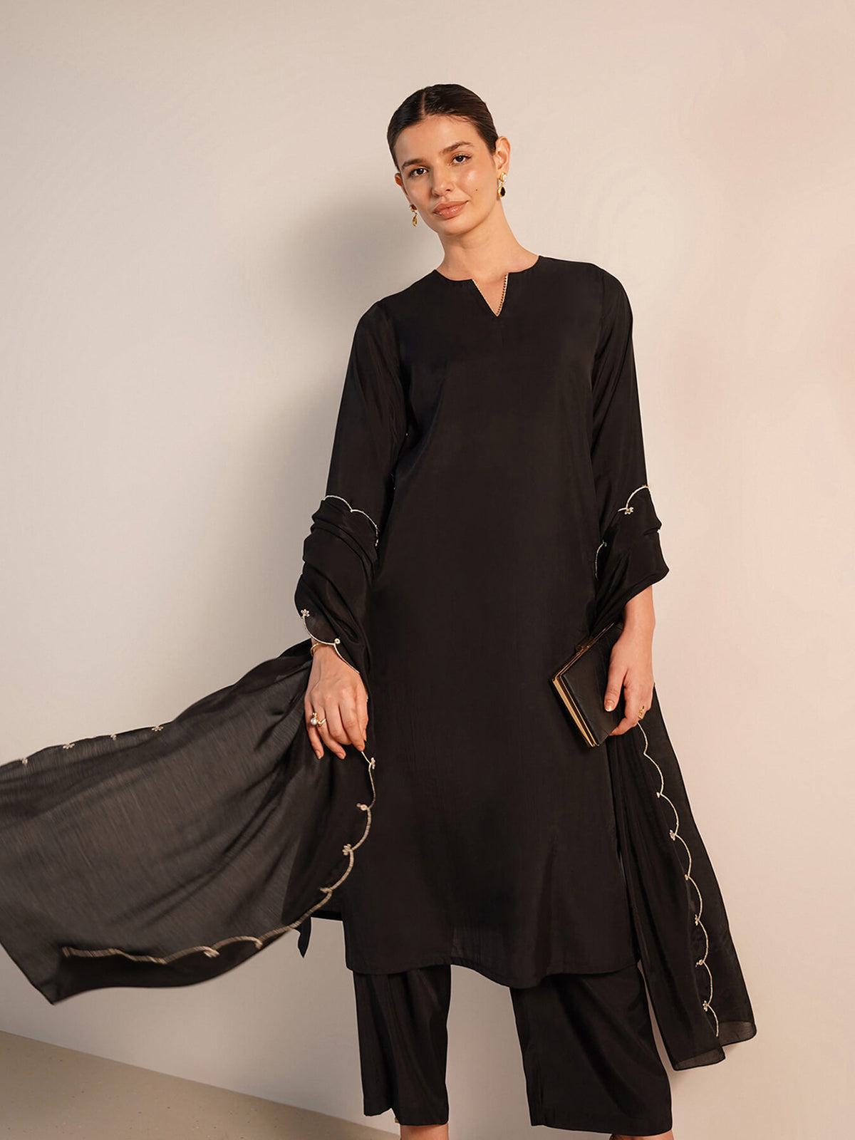 Viscose Silk Solid Kurta Set with Dupatta - Black