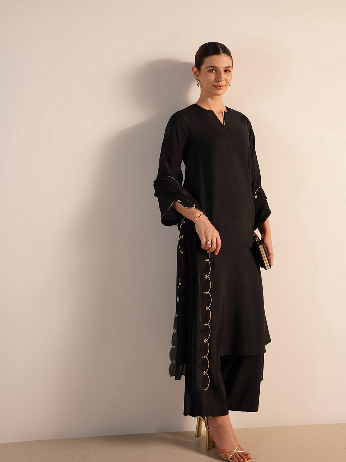 Viscose Silk Solid Kurta Set with Dupatta - Black