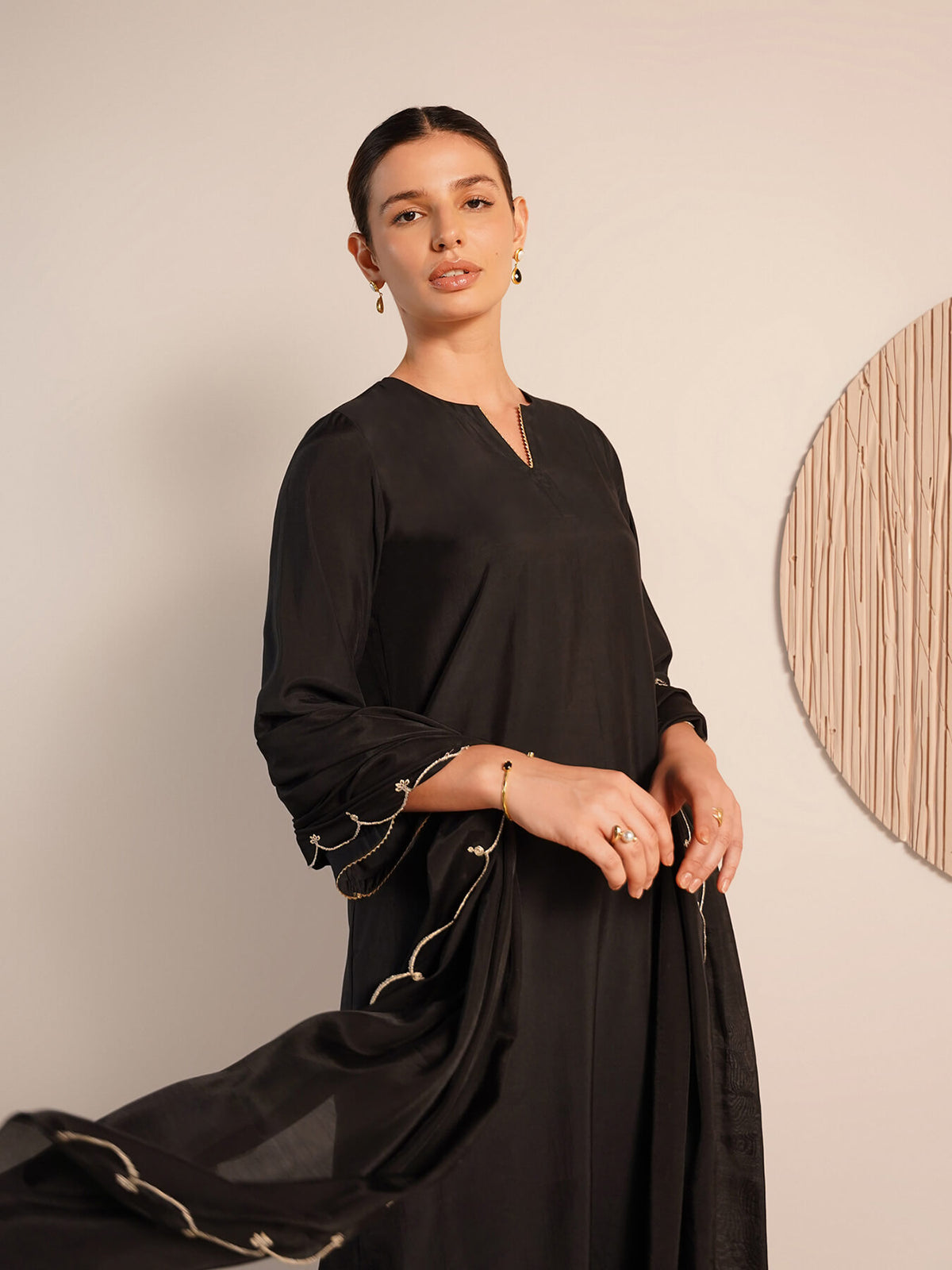 Viscose Silk Solid Kurta Set with Dupatta - Black