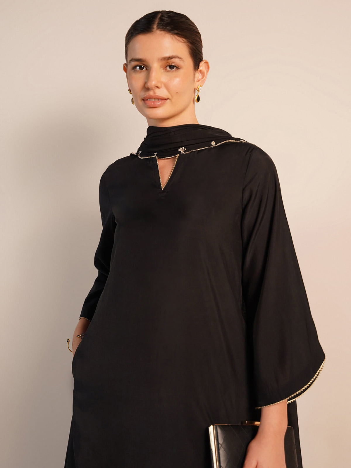 Viscose Silk Solid Kurta Set with Dupatta - Black