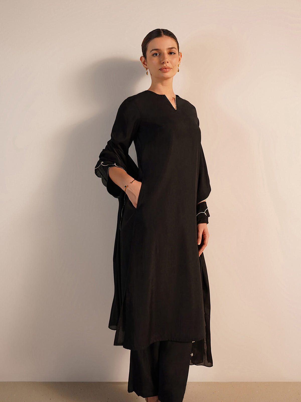 Viscose Silk Solid Kurta Set with Dupatta - Black