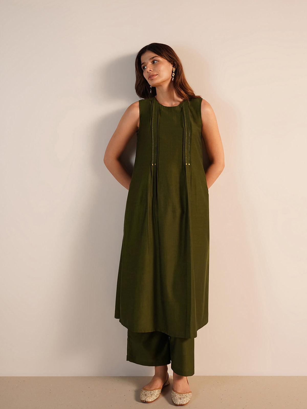 Viscose Silk Solid Kurta Set - Olive