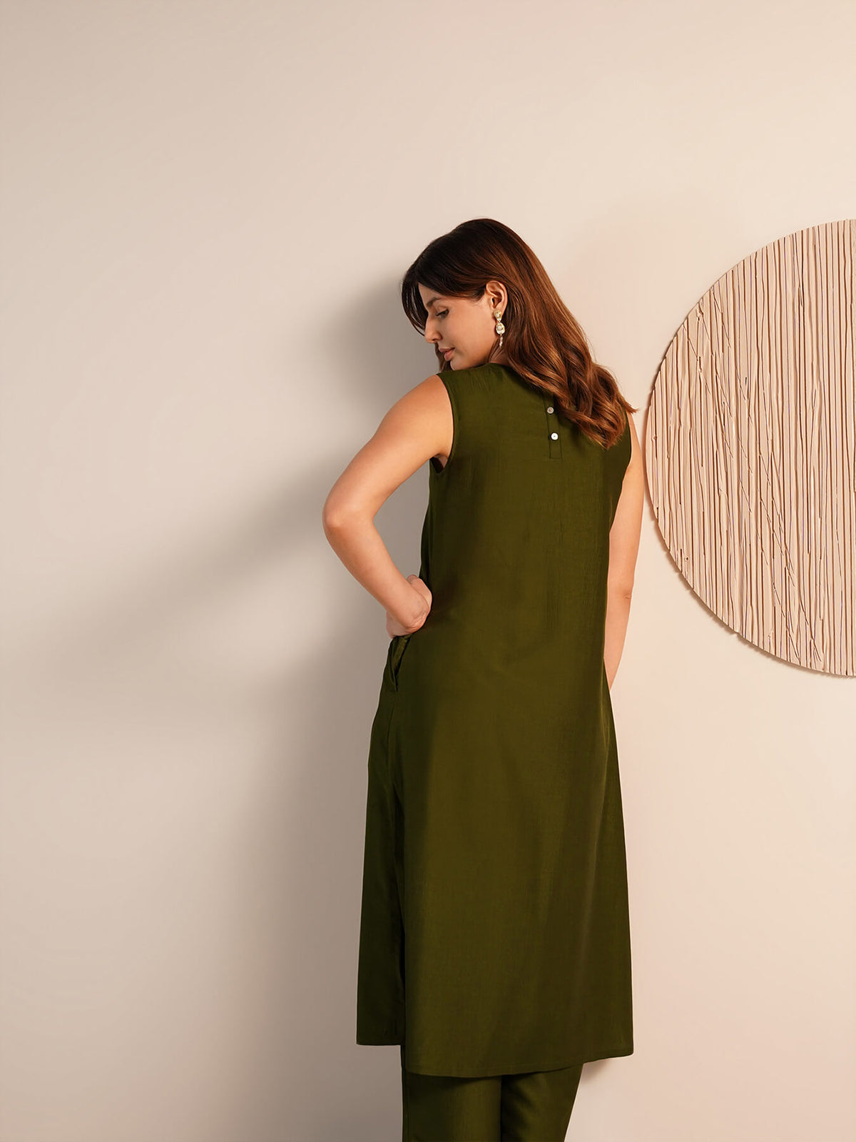 Viscose Silk Solid Kurta Set - Olive