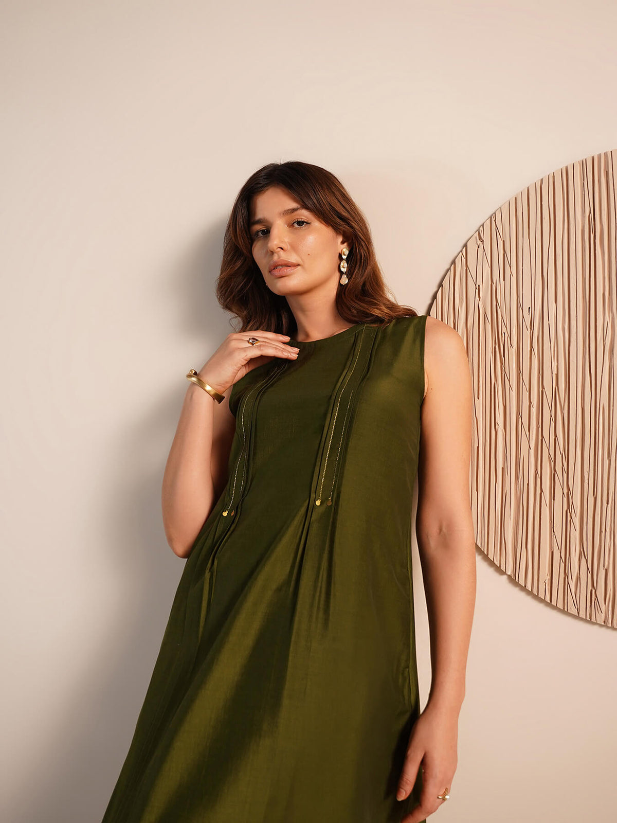 Viscose Silk Solid Kurta Set - Olive