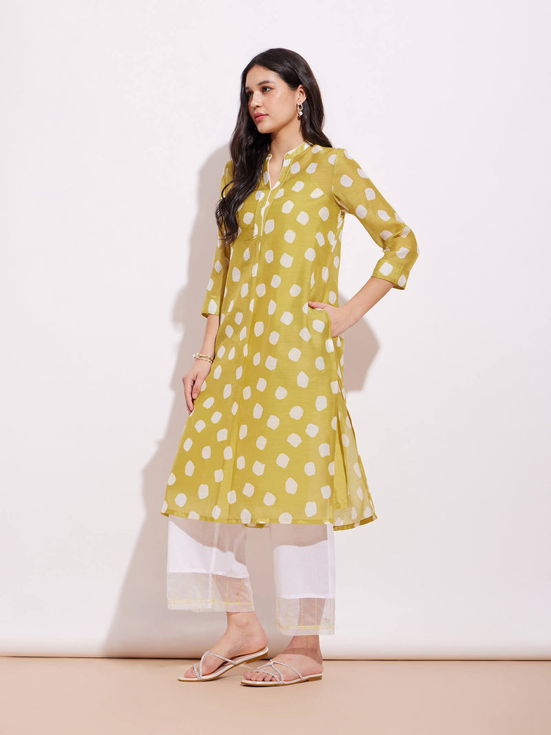 Chanderi Polka Kurta Set - Green