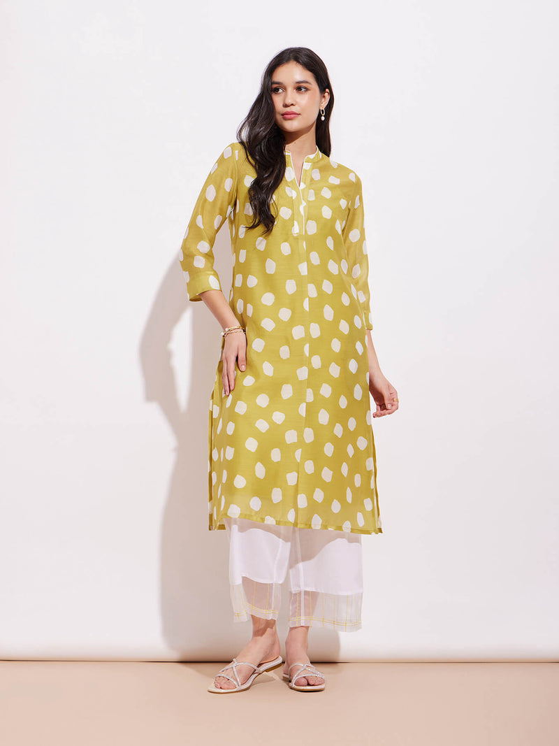 Chanderi Polka Kurta Set - Green