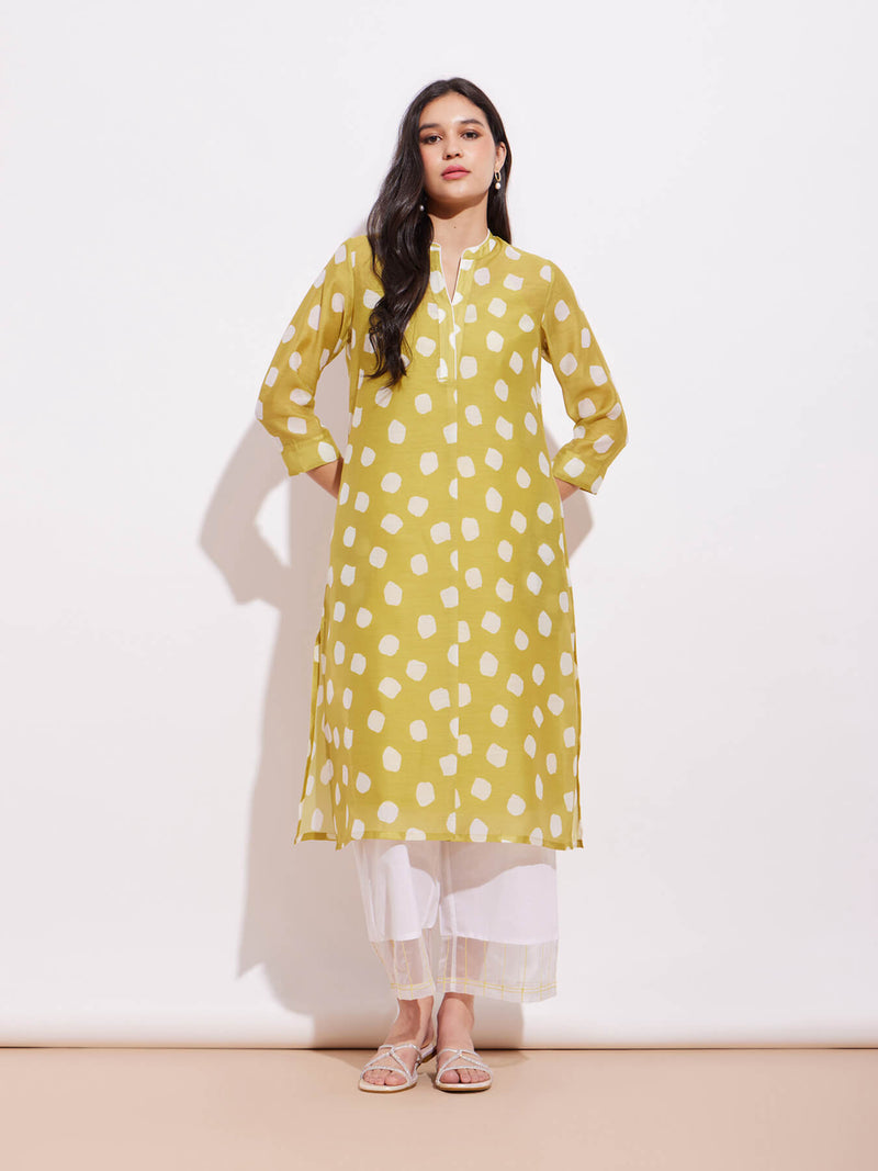 Chanderi Polka Kurta Set - Green