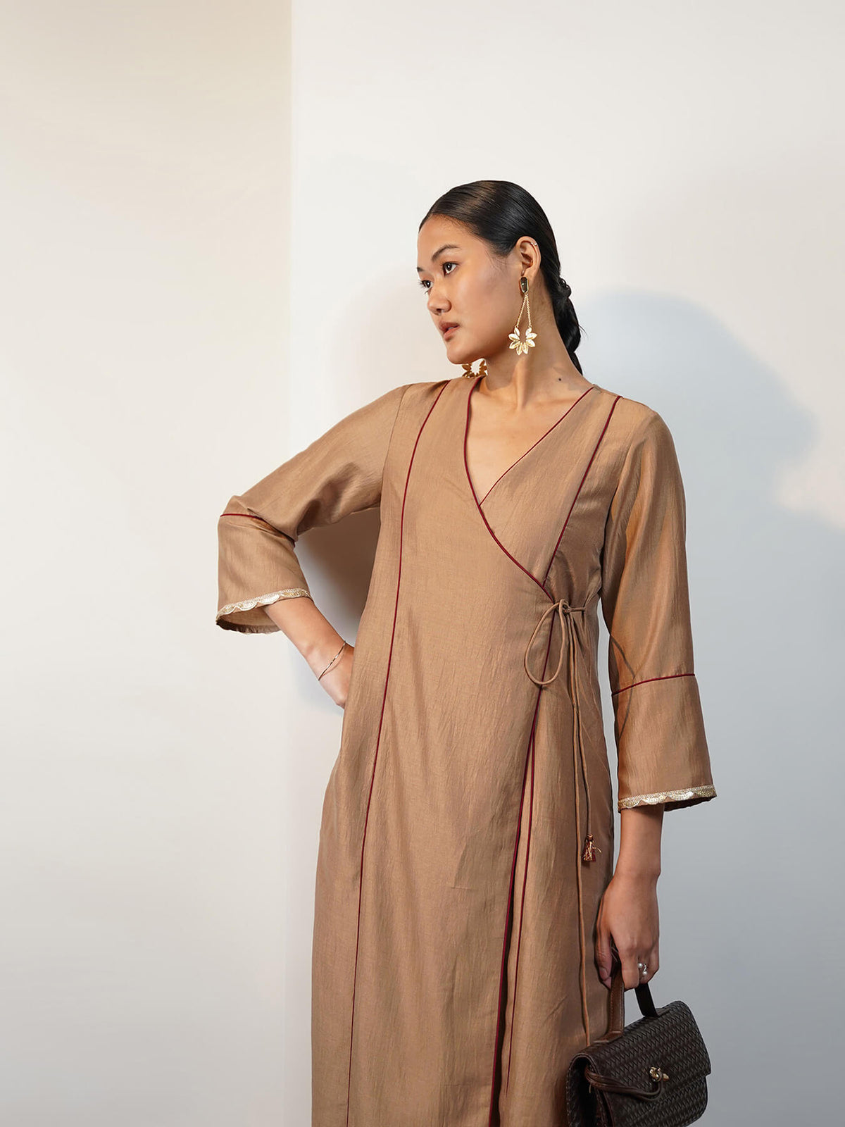 Silk Blend Colourblock Kurta Set - Beige and Maroon