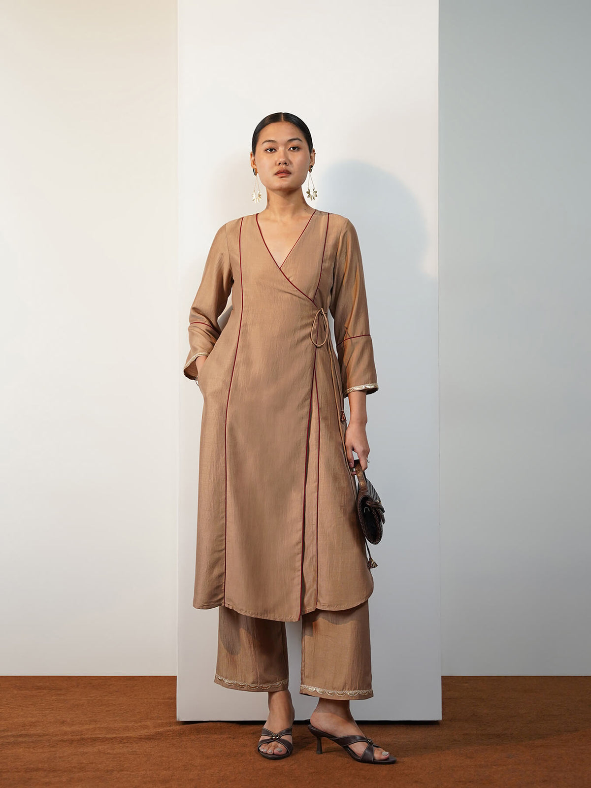 Silk Blend Colourblock Kurta Set - Beige and Maroon