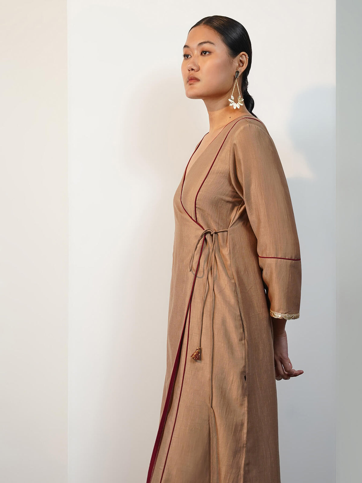 Silk Blend Colourblock Kurta Set - Beige and Maroon