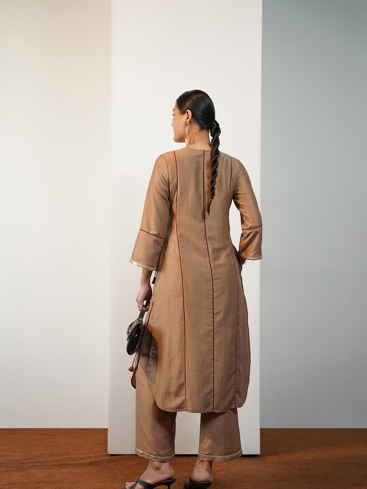 Silk Blend Colourblock Kurta Set - Beige and Maroon