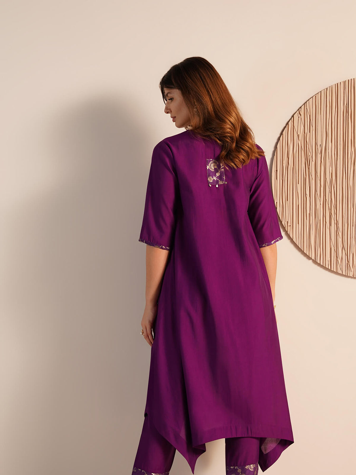 Viscose Silk Solid V-Neck Kurta Set - Purple