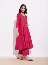 Poly Silk Solid A-Line Kurta Set - Pink