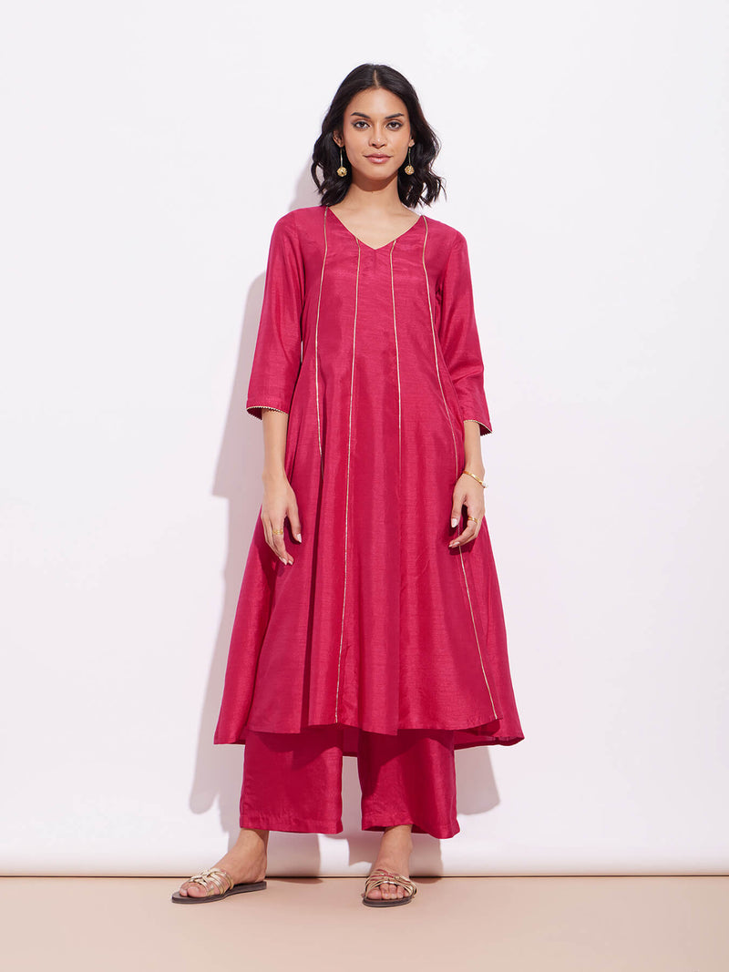 Poly Silk Solid A-Line Kurta Set - Pink