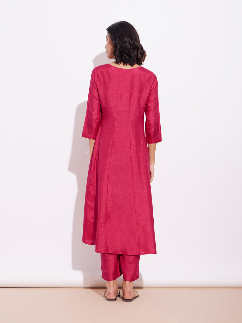 Poly Silk Solid A-Line Kurta Set - Pink