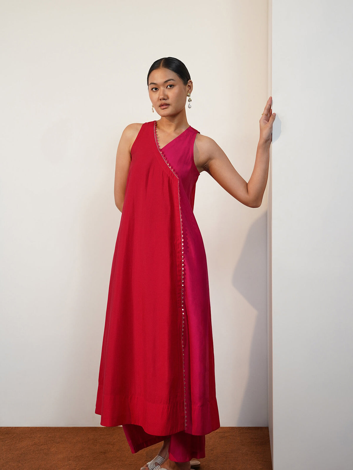 Viscose Silk Colourblock Kurta Set - Pink & Red