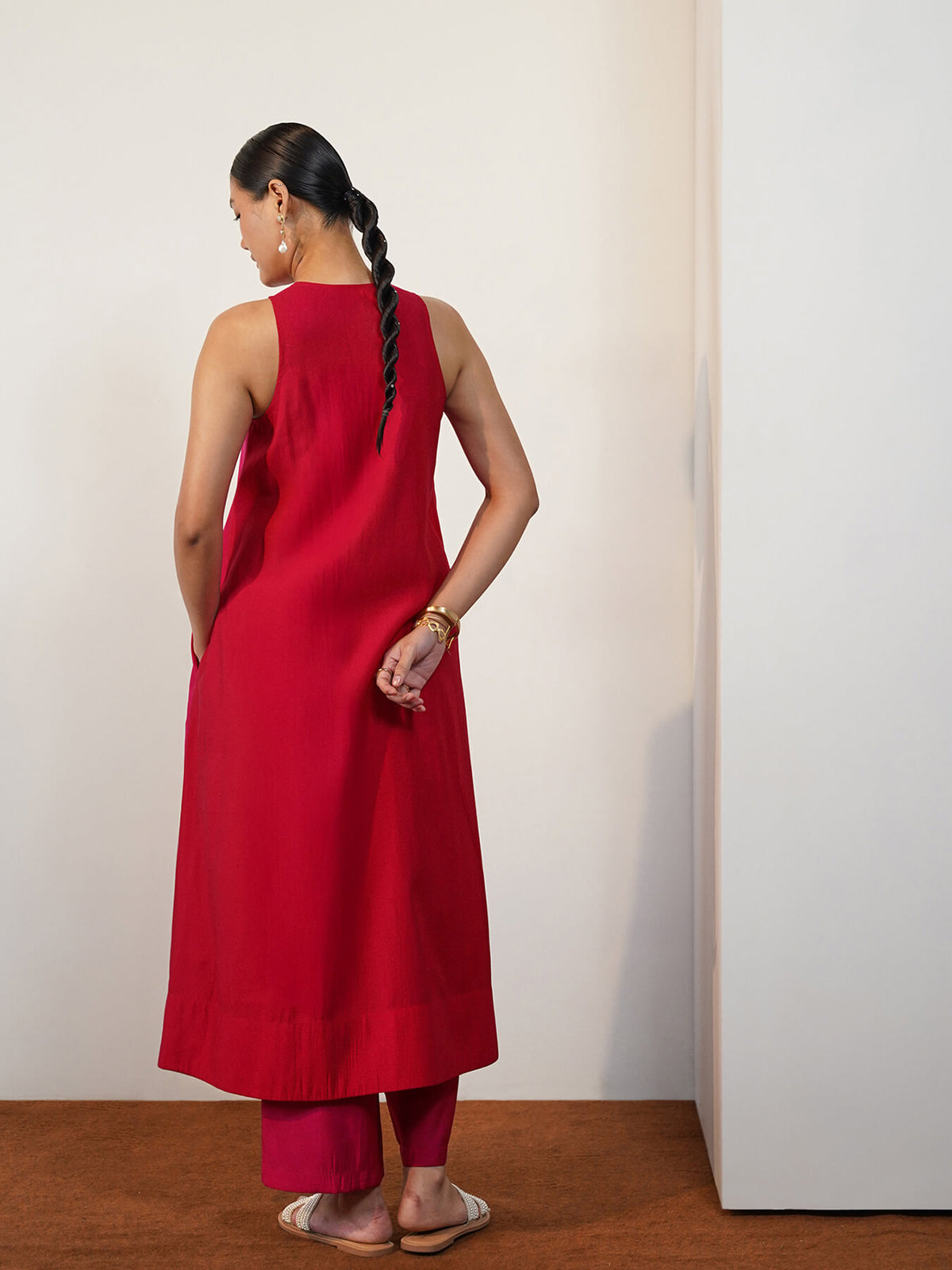 Viscose Silk Colourblock Kurta Set - Pink & Red