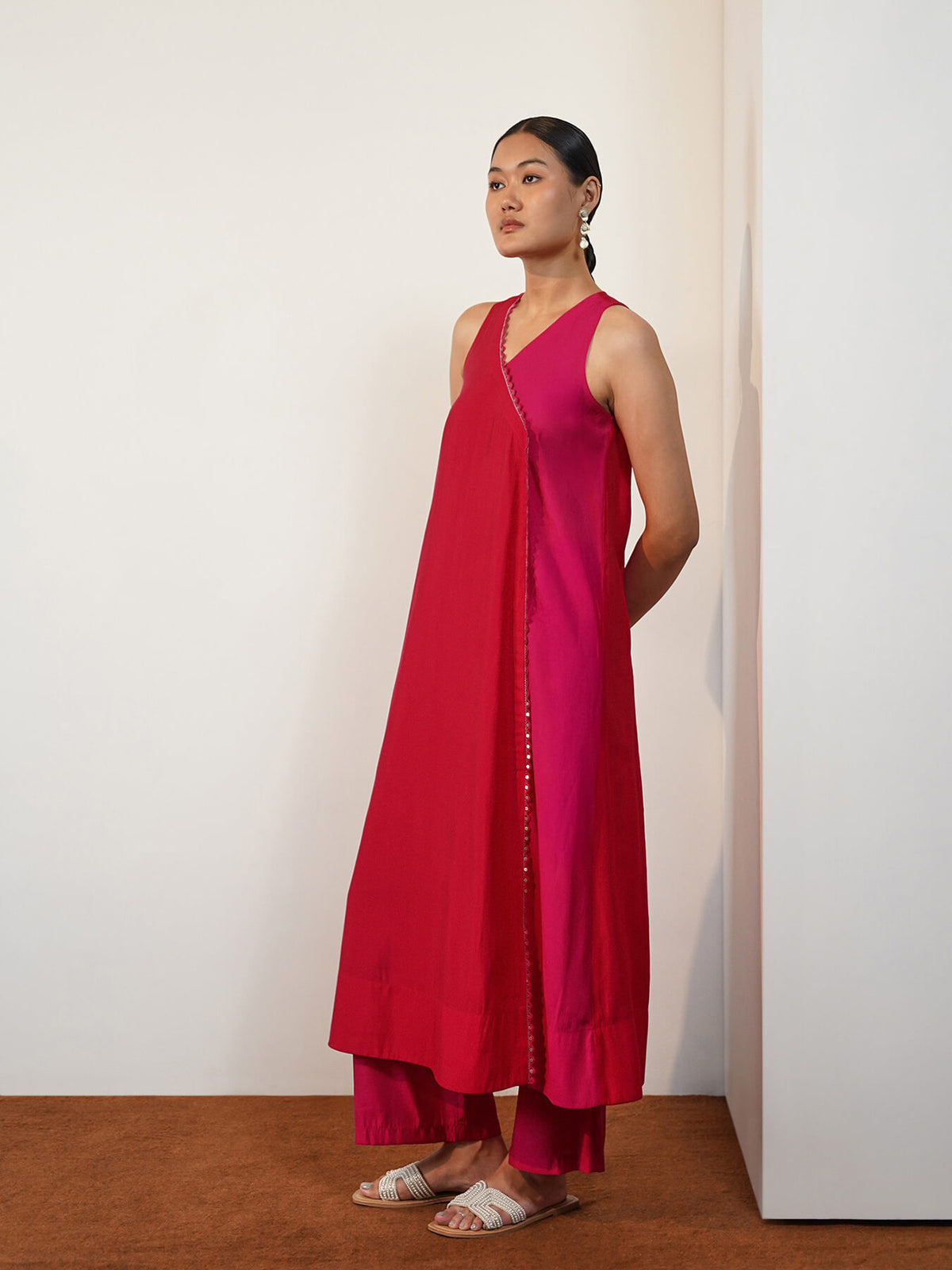 Viscose Silk Colourblock Kurta Set - Pink & Red
