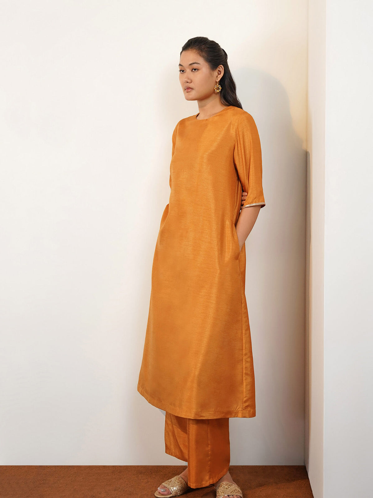 Silk Blend Solid Straight Kurta Set - Yellow