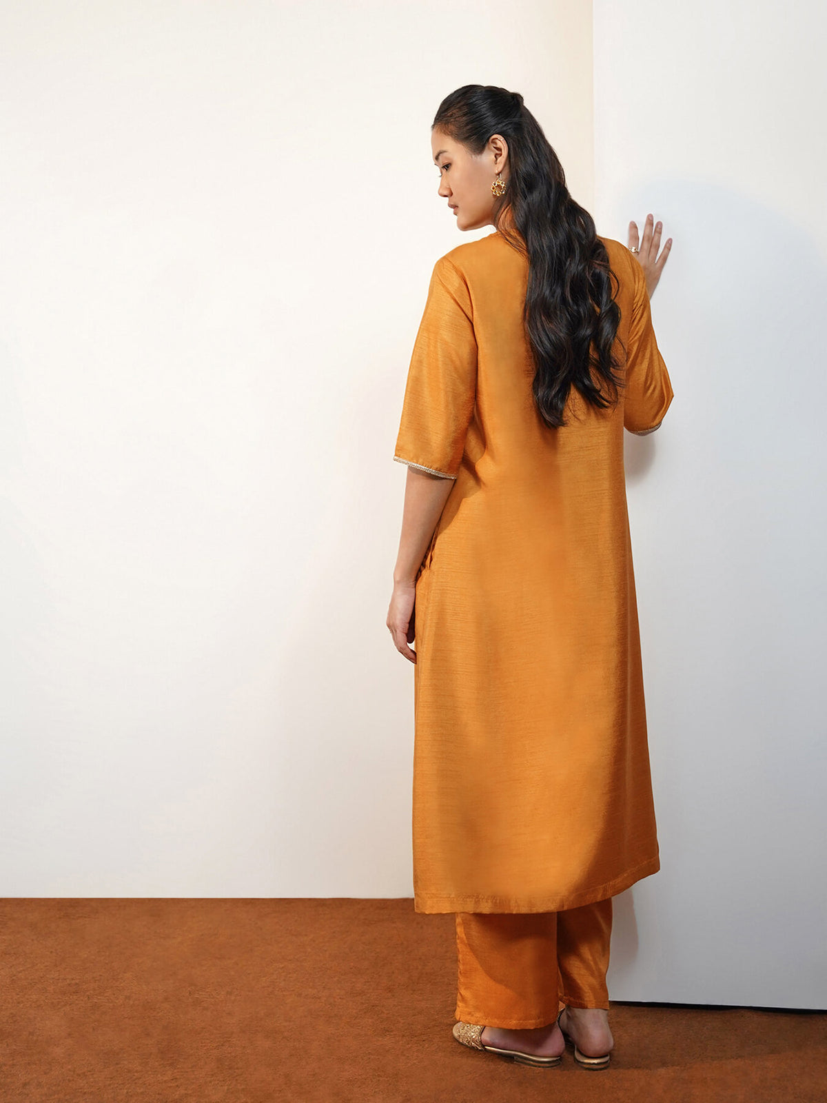 Silk Blend Solid Straight Kurta Set - Yellow