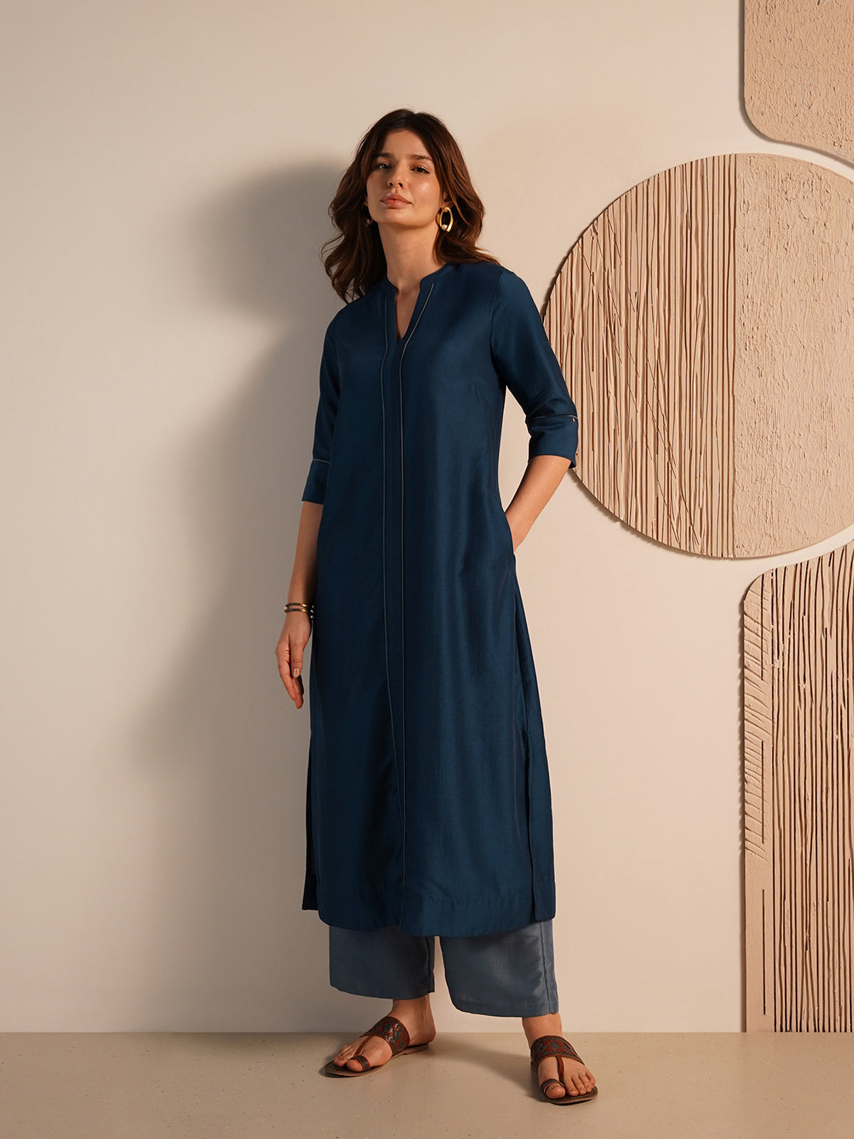 Silk Blend Solid Straight Kurta Set - Teal