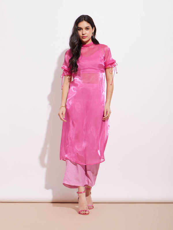 Organza Solid Kurta Set - Pink