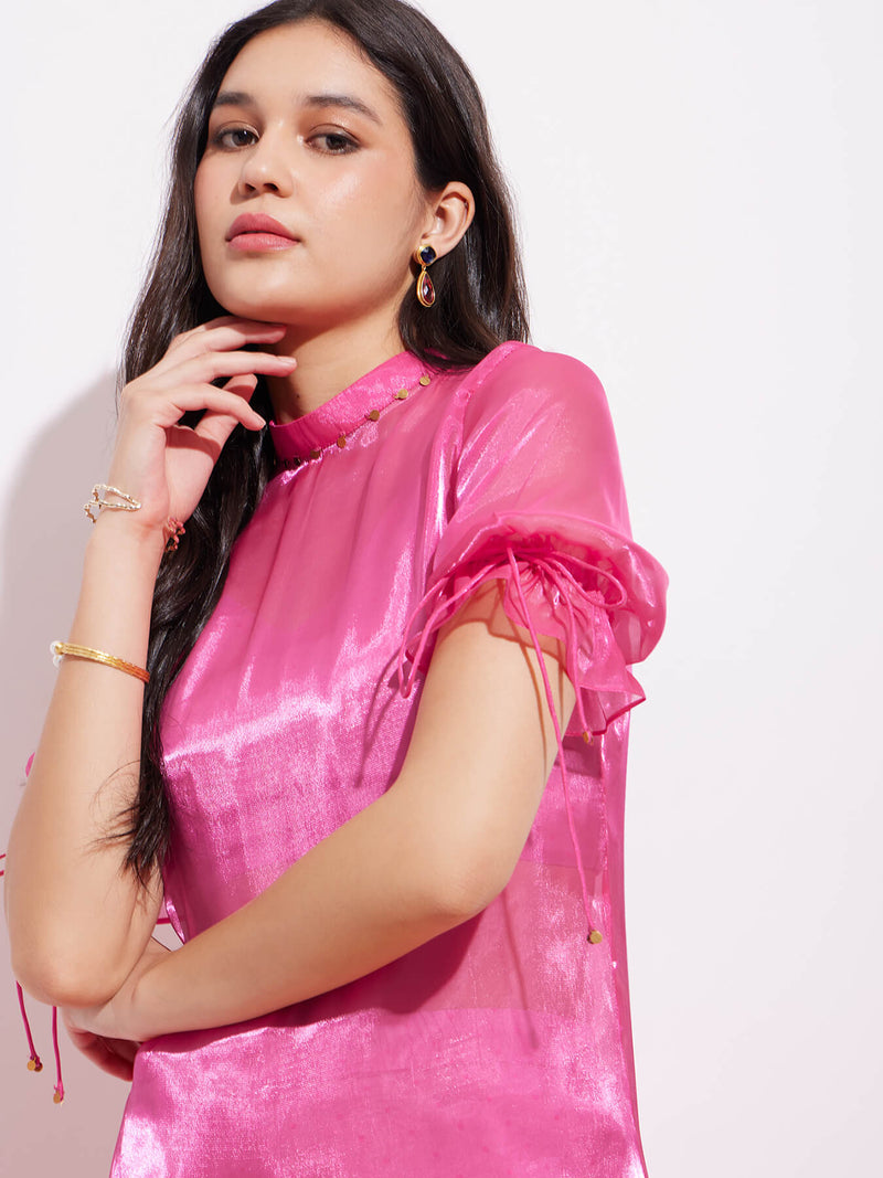 Organza Solid Kurta Set - Pink