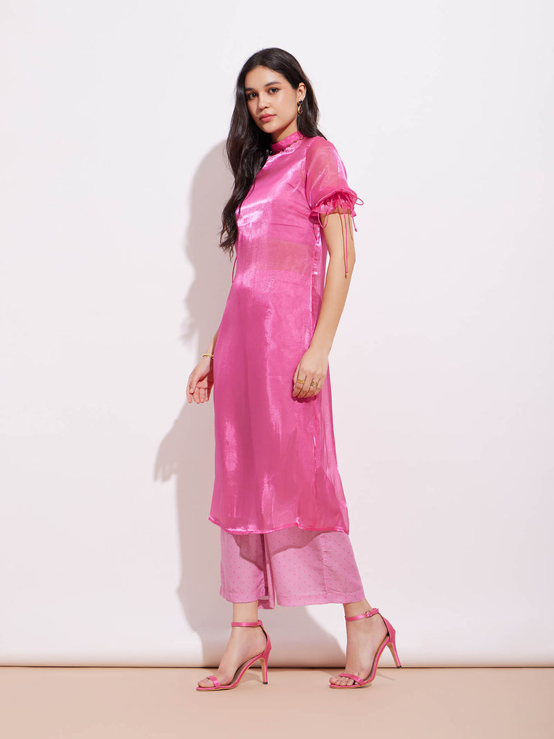 Organza Solid Kurta Set - Pink