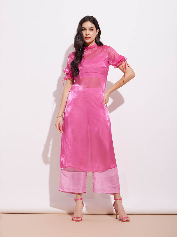 Organza Solid Kurta Set - Pink