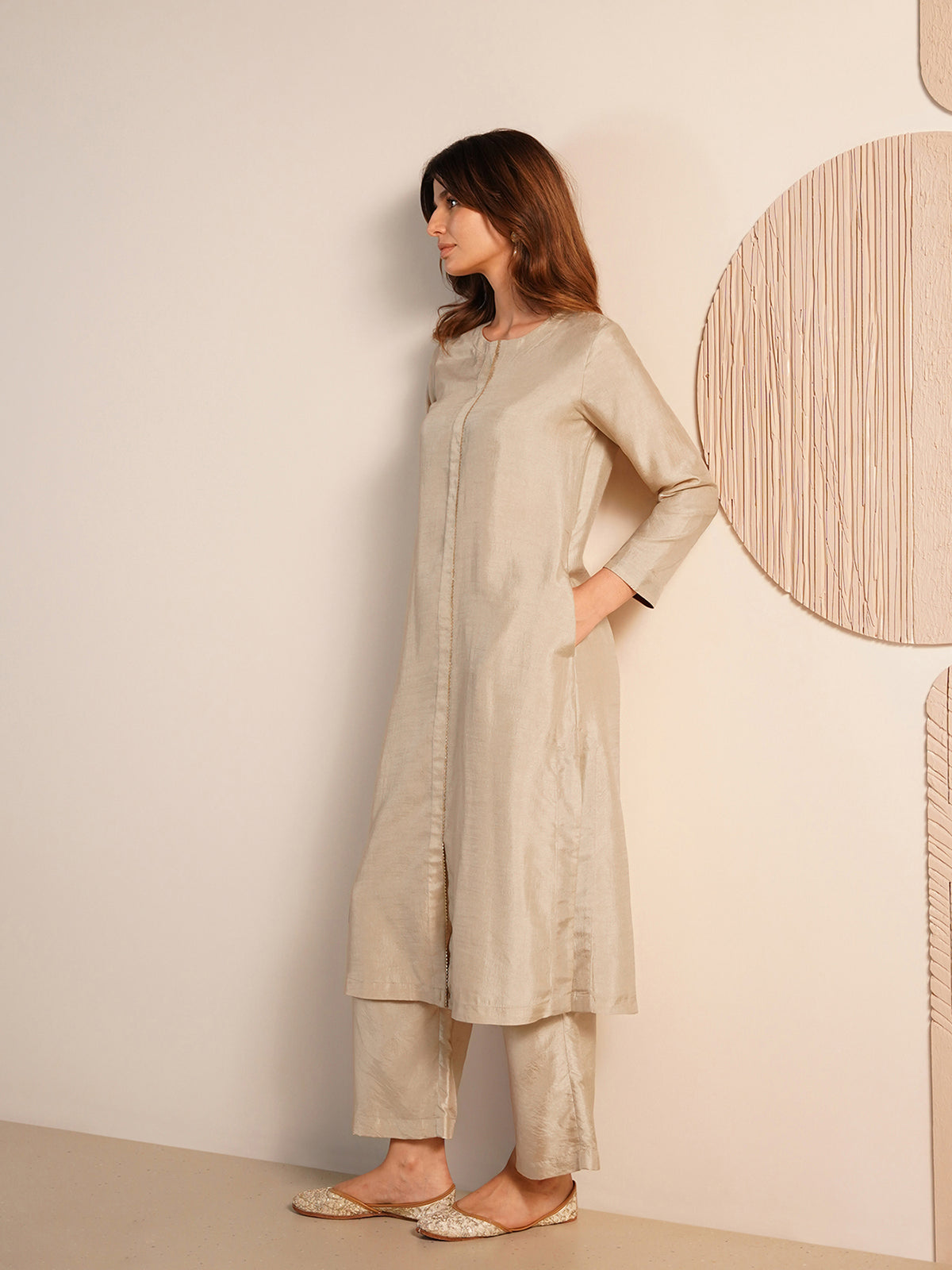 Silk Blend Solid A-Line Kurta Set - Cream