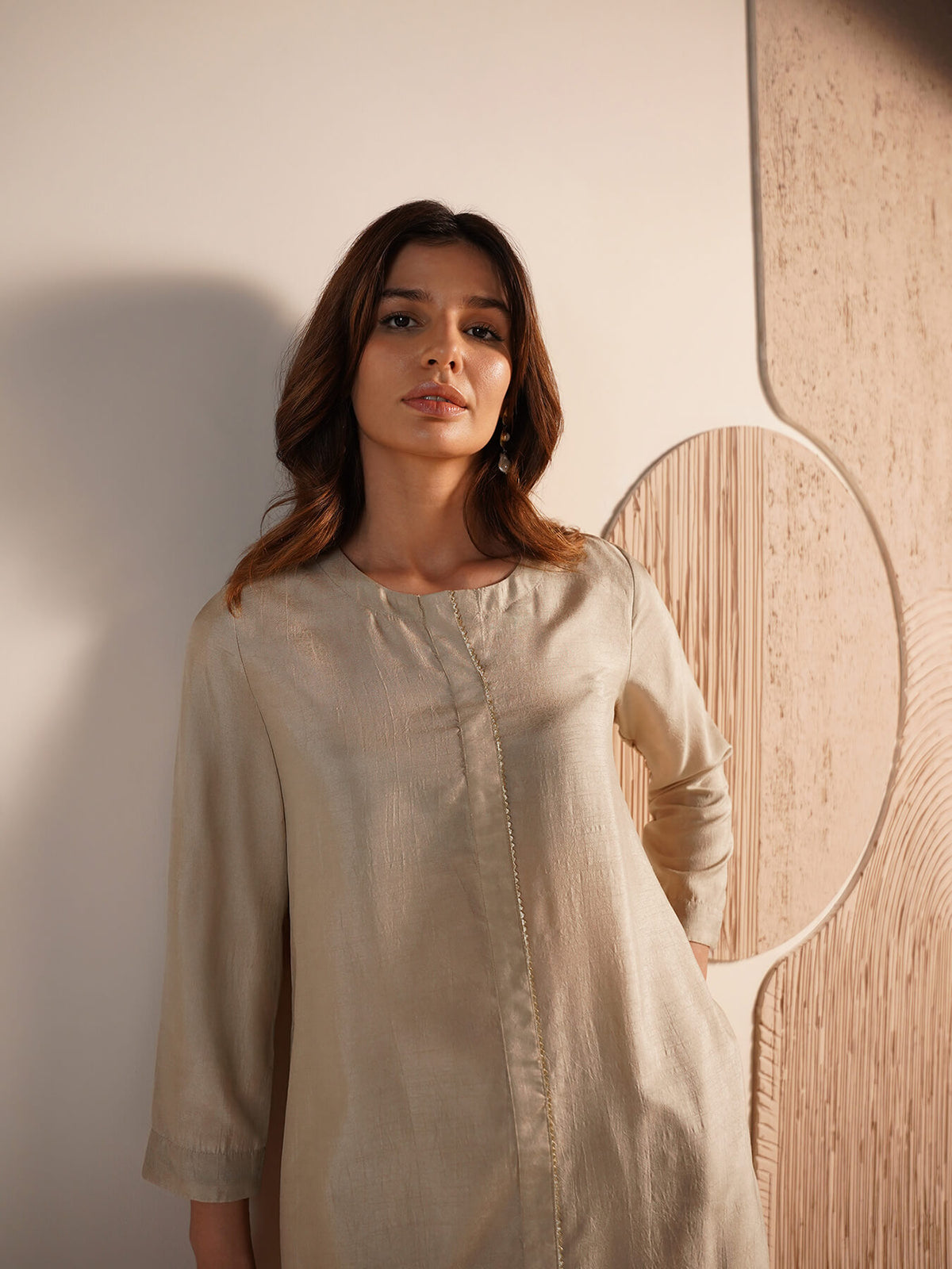 Silk Blend Solid A-Line Kurta Set - Cream
