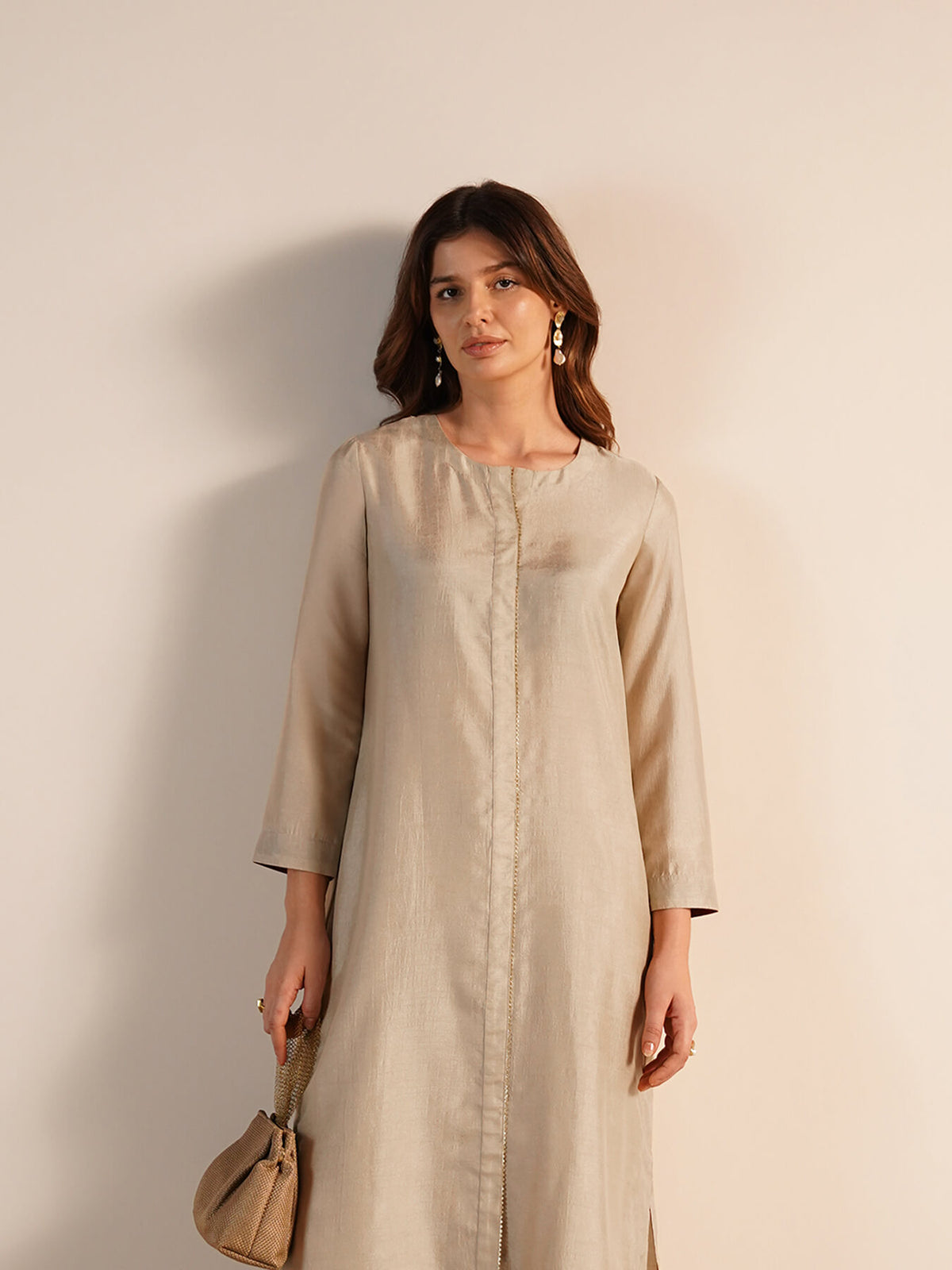 Silk Blend Solid A-Line Kurta Set - Cream