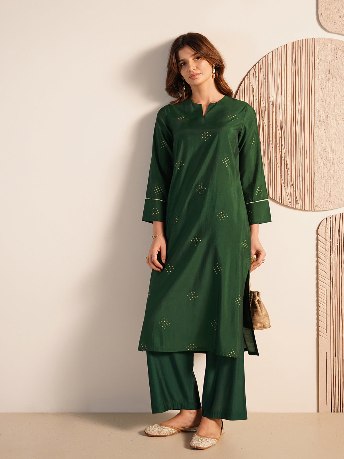 Viscose Silk Geometric Print Kurta Set - Green